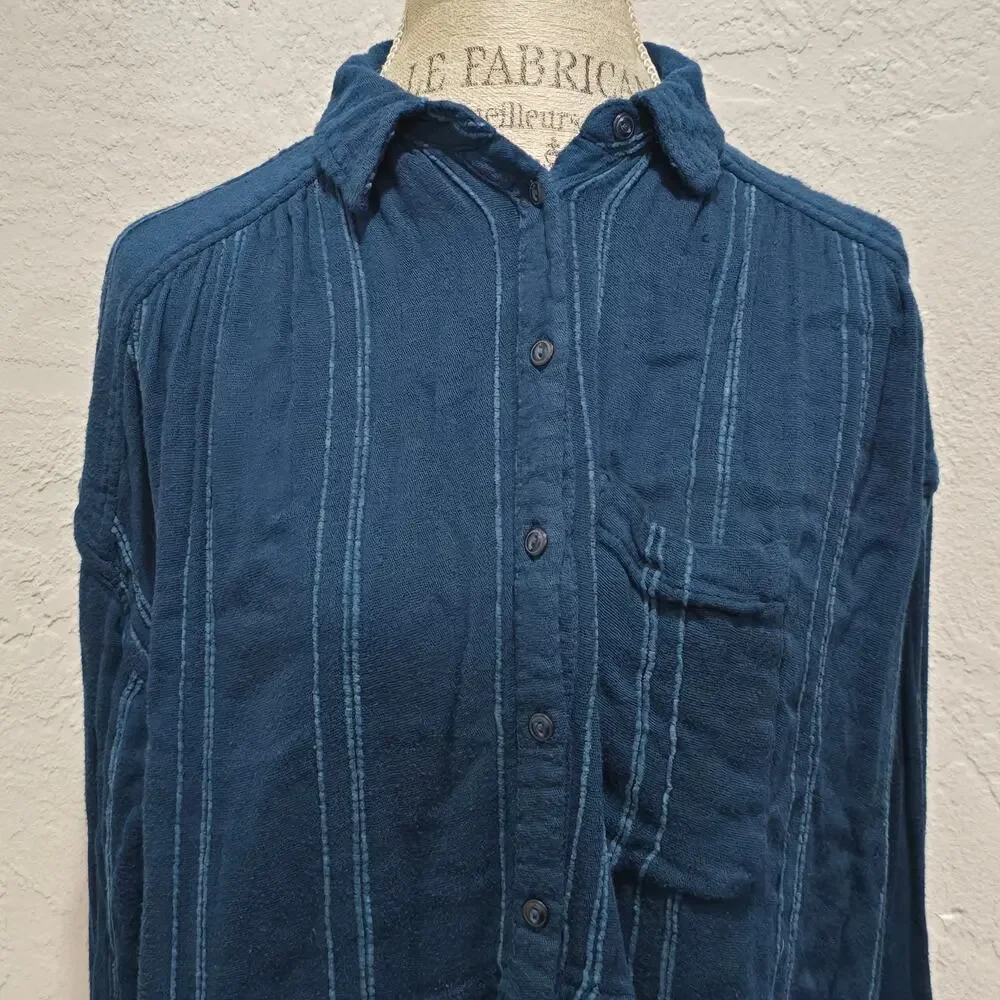 Free People Blue Striped Cozy Nights Oversized Button Up Long Sleeve Tunic Shirt - Picture 3 of 10